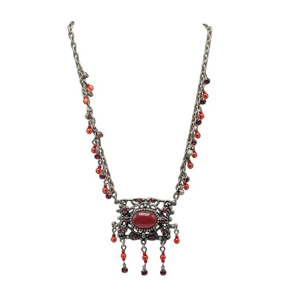 Vintage BOHO Silver Tone Filigree Necklace With Red Gemstone Dangling Beads - Picture 1 of 7